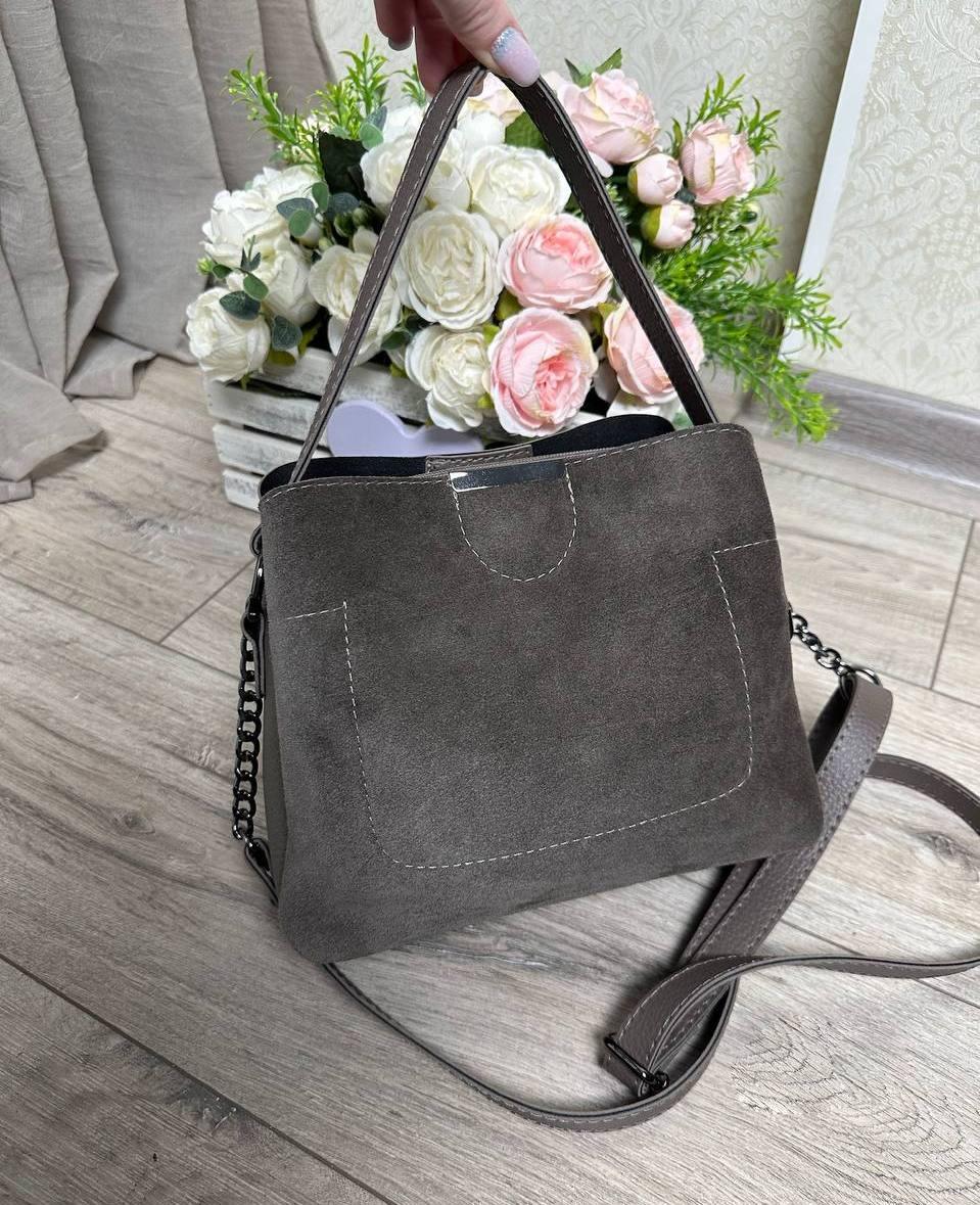 Невелика замшева жіноча сумочка через плече сумка темне капучино натуральна замша+шкірзам