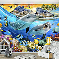Фотообои морские 254x184 см 3D Два дельфина и подводный мир (12850P4)+клей
