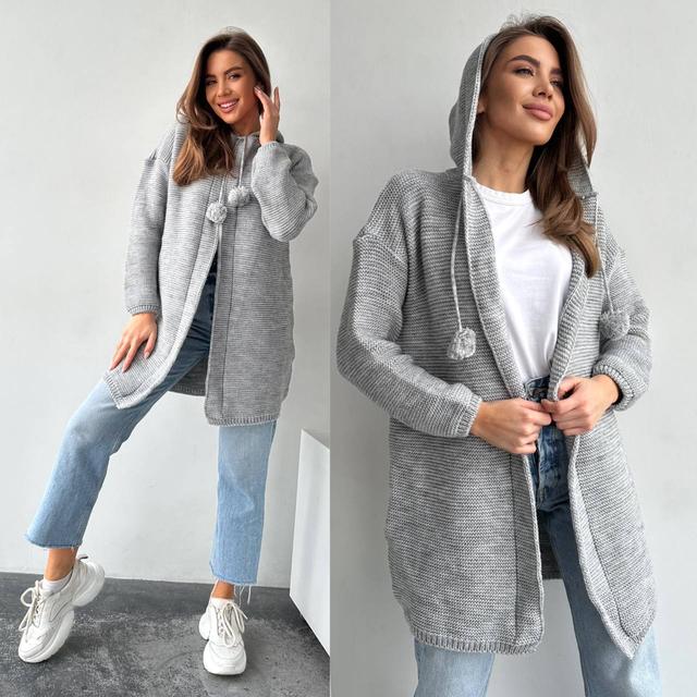 Трендовий в'язаний жіночий кардиган Бубон з капюшоном Pmk476