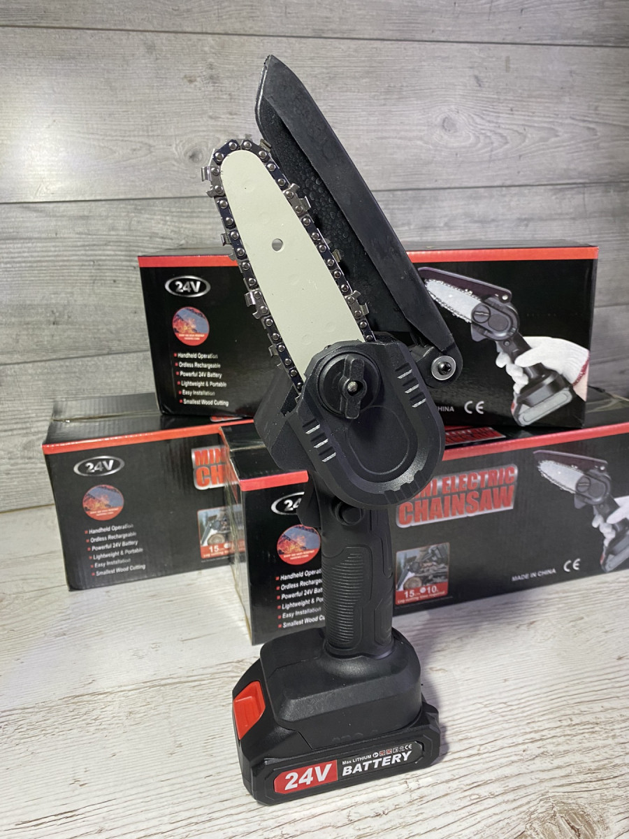Акумуляторна ланцюгова міні пила 4 дюйма 24V-К для обрізки дерев, розпилювання дров у коробці Black, фото 1