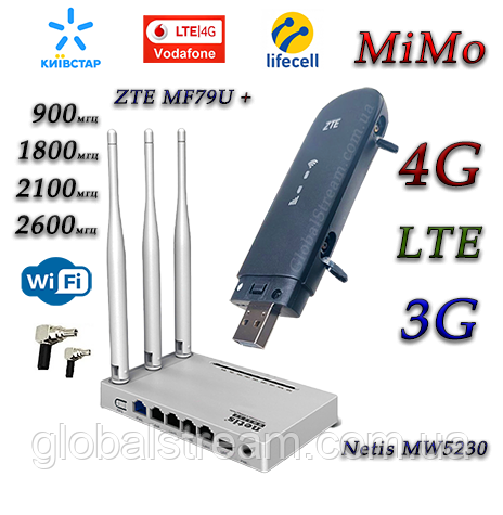 Комплект Wi-Fi роутер Netis MW5230 + ZTE MF79U 4G+LTE/3G Київстар, Vodafone, Lifecell з 2 вих. під антену MIMO, фото 1