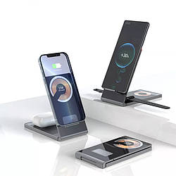 Бездротова зарядка 4-in-1 MagSafe Dual 15W док-станція Magnetic Wireless Charging Stand (Black) для iPhone