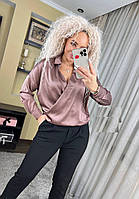 Женская нарядная модная шелковая блузка рубашка цвет коричневый (шоколад) р.44