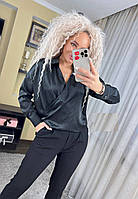 Женская нарядная модная шелковая блузка рубашка цвет черный р.42