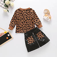 Дитячий костюм для дівчинки: кофта та спідниця, колір чорний + коричневий леопард