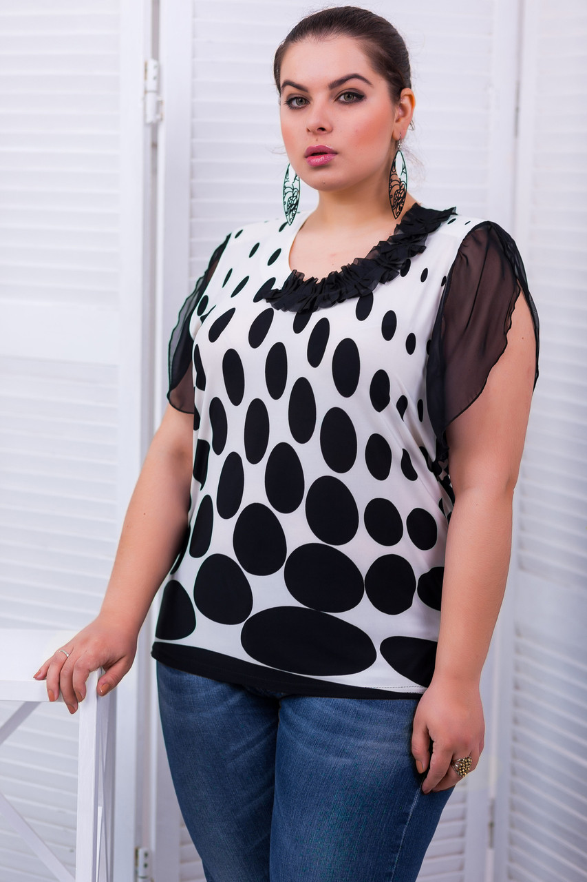 Блуза з коротким рукавом крильце з шифону з принтом великого розміру 54-56, фото 1