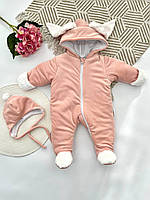 Детский демисезонный весенний велюровый комбинезон с капюшоном для новорожденного 62 68 74 см