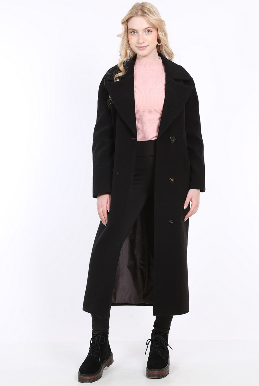 Пальто жіноче демісезонне з поясом та двома кишенями Актуаль 057 кашемір чорний 44
