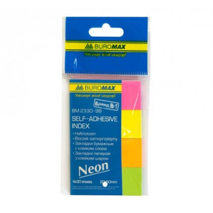 Стікер-закладки BUROMAX 2330-98 паперові. клейкі асорті. NEON 4кол.по30арк 50х20мм (1/24), фото 1