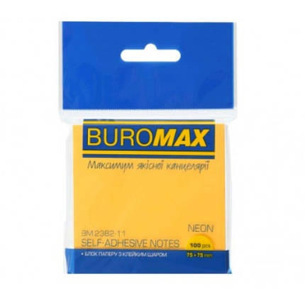Блок для нотаток BUROMAX 2382-11 NEON 100арк. 75х75мм помаранчевий (1/12), фото 1
