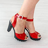 Босоножки из лакированной натуральной кожи Woman's heel красные на высоком каблуке