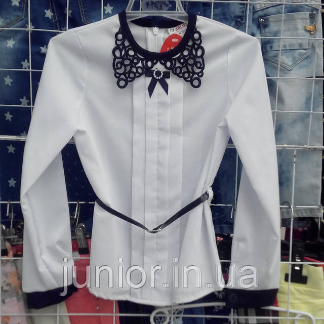 Шкільна блузка з ажурним коміром та поясом Mariatex (Польща)