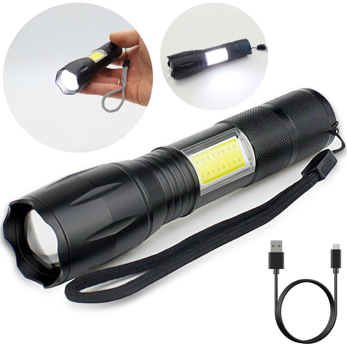 Ручний акумуляторний ліхтарик з USB та ZOOM, BL-29-Т6 / Тактичний світлодіодний ліхтар з боковим підсвічуванням, фото 1