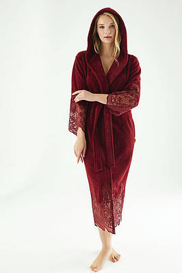 Турецький Махровий Жіночий Халат з Мереживом 4150 Бордовий