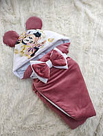 Демисезонный велюровый конверт для новорожденных девочек, бордовый, принт Минни