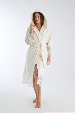 Турецький Махровий Жіночий Халат з Мереживом Nusa 4150 Молочний
