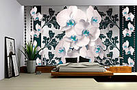 Флизелиновые фотообои в спальню над кроватью фото 254x184 см 3Д Бело-голубые элегантные орхидеи (1288V4)+клей