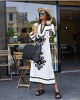 Платье вышиванка стильное белого цвета с черной вышивкой размер S, M, L