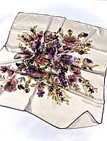 Женский оригинальный платок-шаль с цветочным узором 90х90 Турция пудра