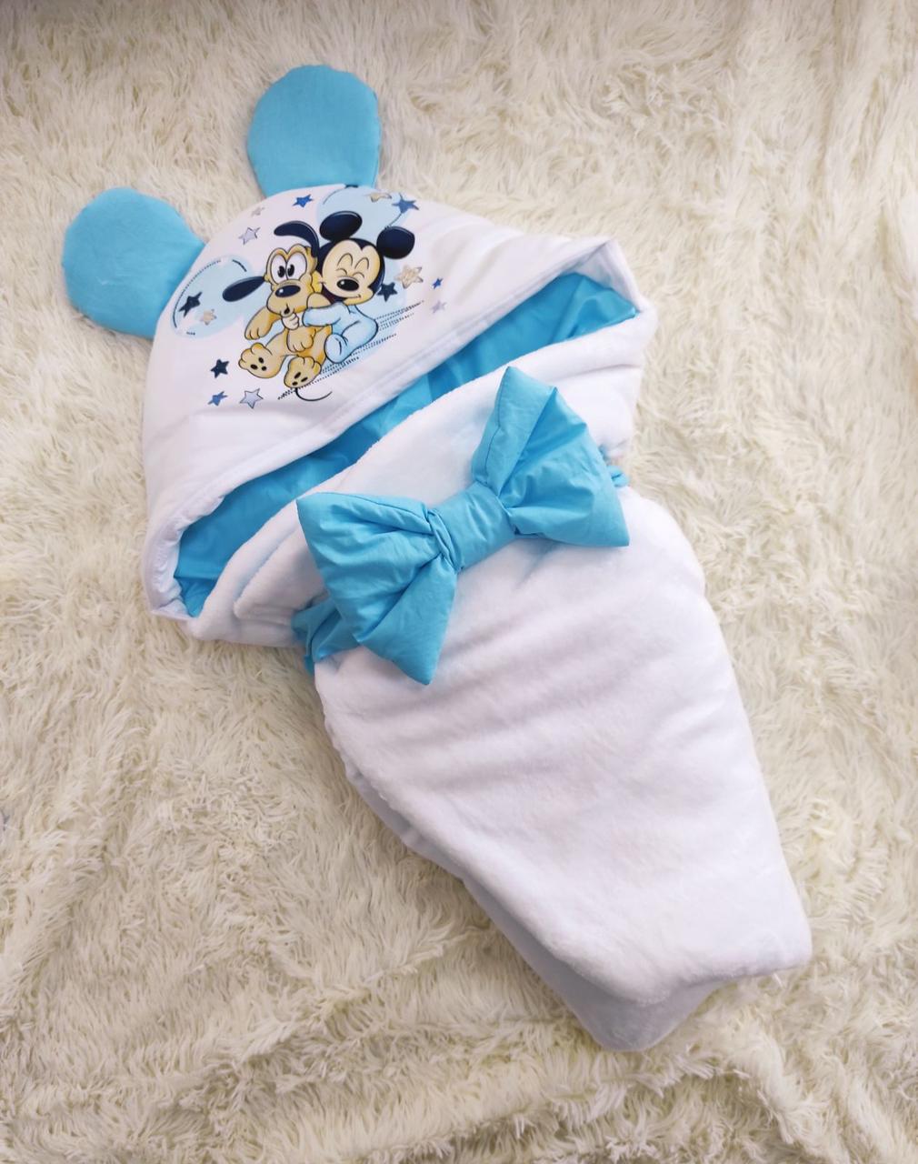 Літній махровий конверт з діснеївським принтом для новонароджених хлопчиків, білий з блакитним, фото 1