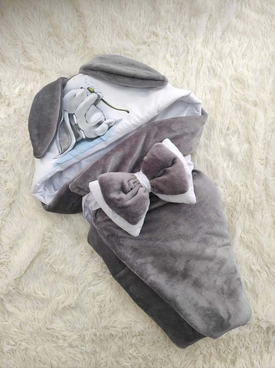 Літній махровий конверт з принтом Зайченя для новонароджених на виписку, сірий, фото 1