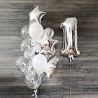 Гелієві кульки на 1 рік для дівчинки Срібні білі Подарунок на день народження Композиція букет Повівтряні кульки дівчинці фонтан
