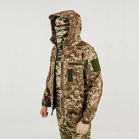Куртка тактическая армейская Softshell камуфляж-пиксель, трехслойная, на флисовом утеплителе с капюшоном