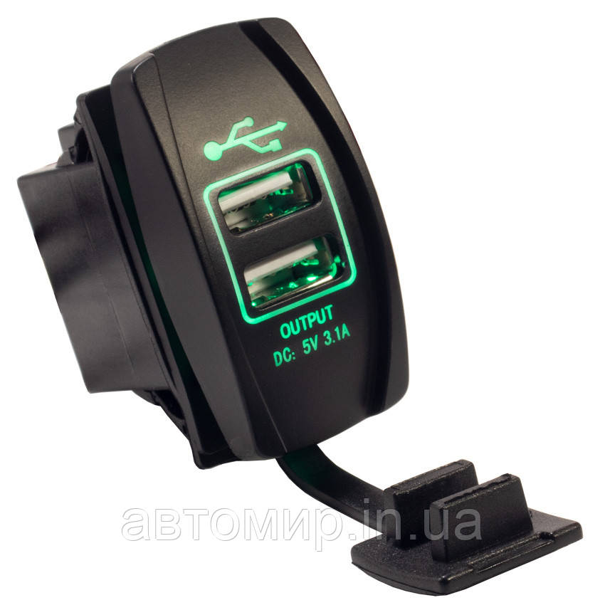 Автомобільна зарядка врізна, Гніздо-прикур. врізне 2 USB, 3.1 А, з індикатором з кришкою 12/24 В зелений, фото 1