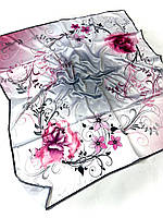 Женский красивый платок-шаль с цветочным узором 90х90 Турция розовый