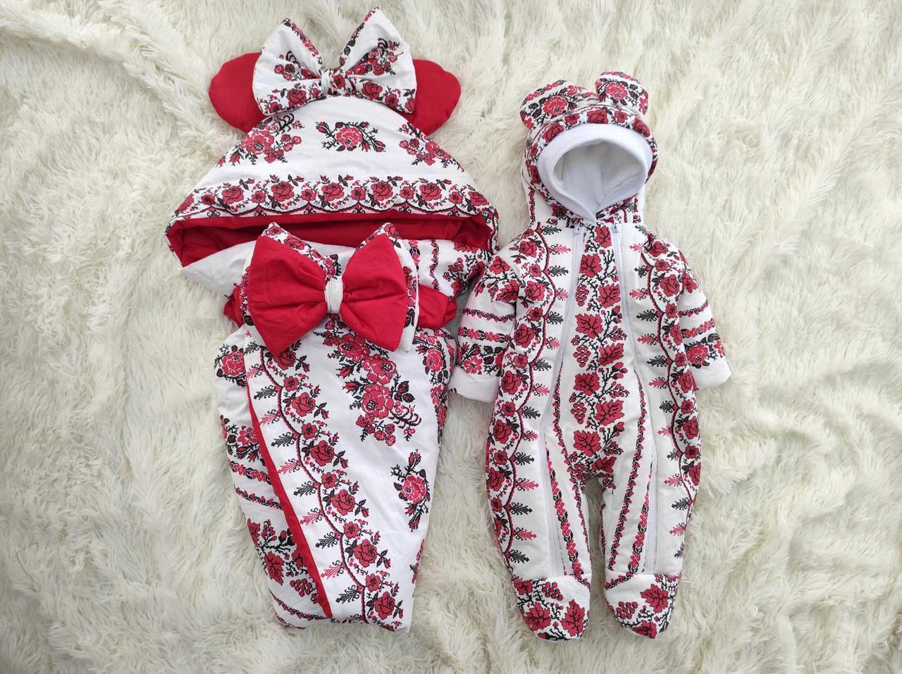 Демісезонний конверт + комбінезон з принтом Вишиванка для новонароджених дівчаток, фото 1