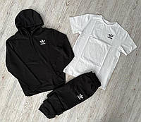 Костюм спортивный мужской Adidas черный демисезонный двунитка , Комплект Адидас Худи + Штаны + Футболка белая