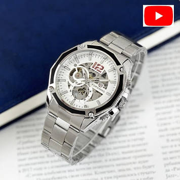 Годинник механіка чоловічий мінеральне скло Forsining GMT 1183 Silver-White механічний наручний