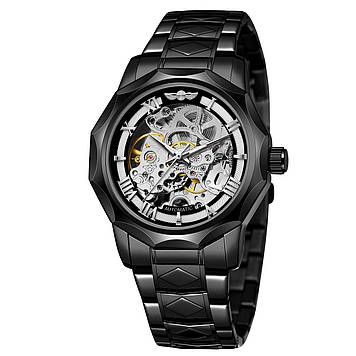 Чорний механічний годинник чоловічий наручний з автопідзаводом оригінальний Forsining скло мінеральне