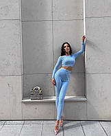 Женский обтягивающий спортивный костюм топ+лосины (черный, голубой, серый, хаки, бежевый); размер:42-44, 44-46