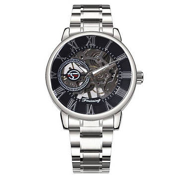 Механічний годинник сріблястий чоловічий наручний на браслеті Forsining Skeleton Скелетон
