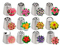 Набор кондитерских насадок 12 шт для создания цветов из крема + фиксатор + кондитерский мешок
