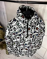 Утепленный анорак мужской | Демисезонная стильная яркая куртка с принтом | Белый анорак с котиками