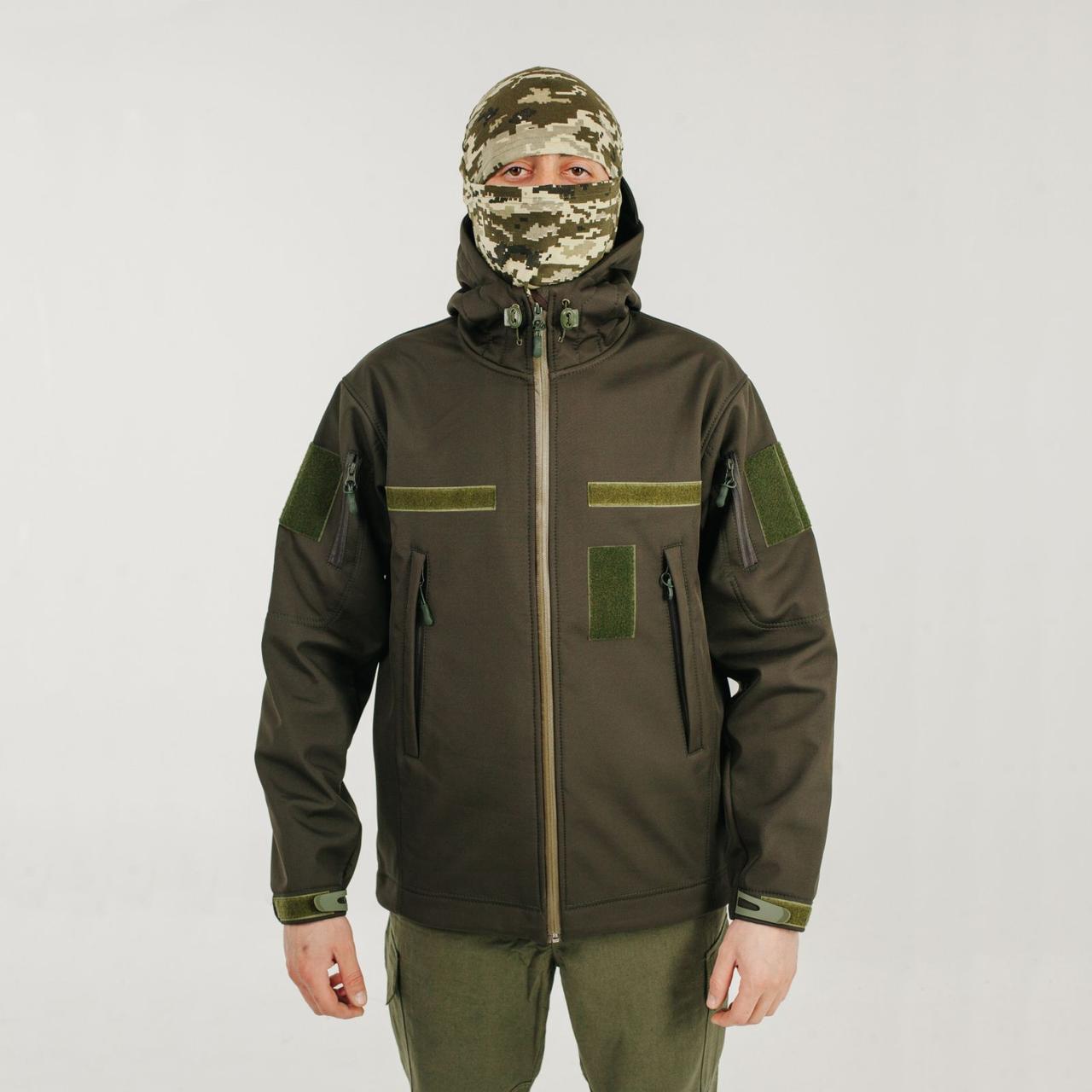 Куртка тактична армійська Softshell темна олива, тришарова, на флісовому утеплювачі з капюшоном