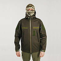 Куртка тактическая армейская Softshell олива темная, трехслойная, на флисовом утеплителе с капюшоном