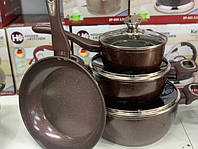 Набор посуды для дома и сковорода гранит круглый ( 7 предметов) НК-314 кофе 543IM-65