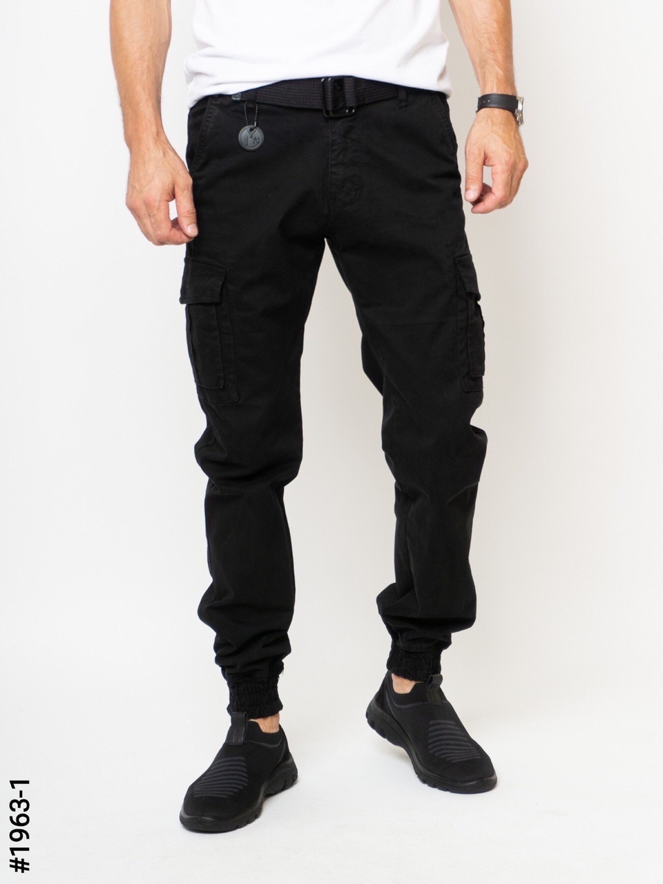 Чоловічі штани карго чорні з бічними кишенями, джогери на манжеті внизу є великі розміри батали