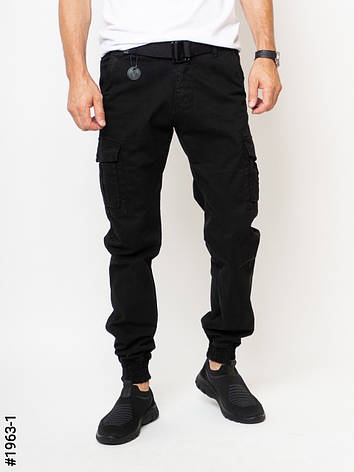 Чоловічі штани карго чорні з бічними кишенями, джогери на манжеті внизу є великі розміри батали, фото 2