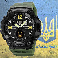 Тактичний багатофункціональний годинник з подвійним часом Patriot 003 Army Green Gold Ukraine + Коробка