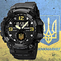 Тактичний багатофункціональний годинник з подвійним часом Patriot 003 Black Gold Ukraine + Коробка