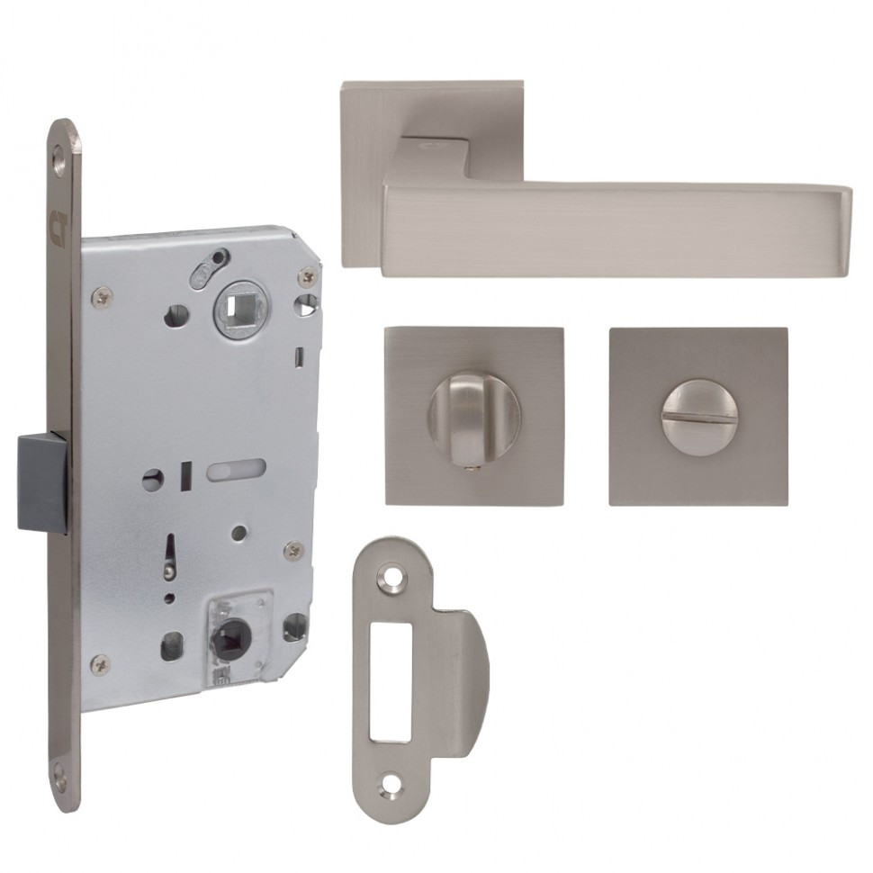 Комплект: Дверна ручка на розетці Comit Kubic A + WC та замок Нікель матовий, фото 1