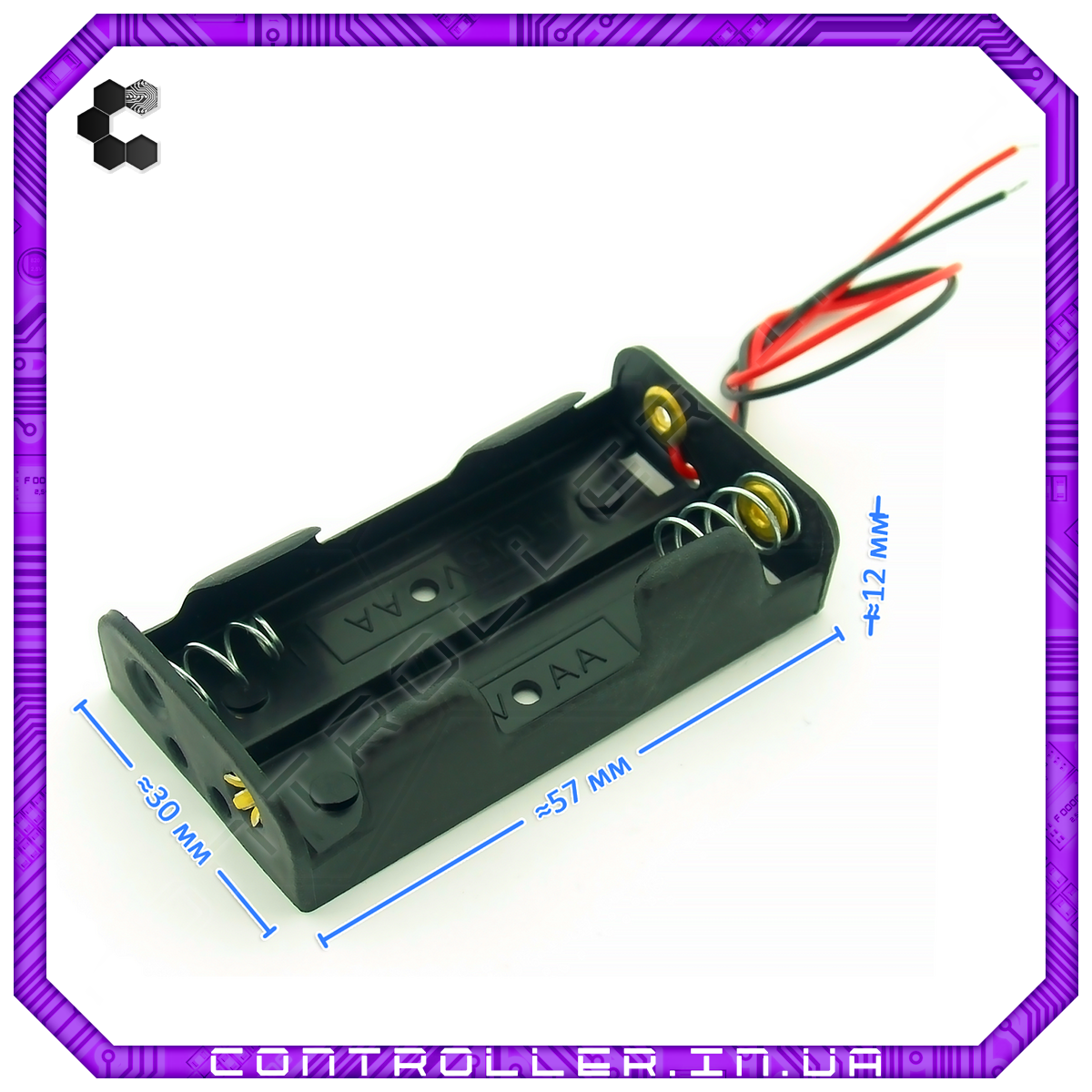 Відсік для двох батарейок типу AA. Плоский з проводами, фото 1