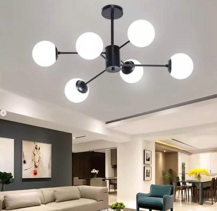 Стельова сучасна люстра з об’ємними білими плафонами в чорному каркасі на 6 або 8 ламп, фото 1