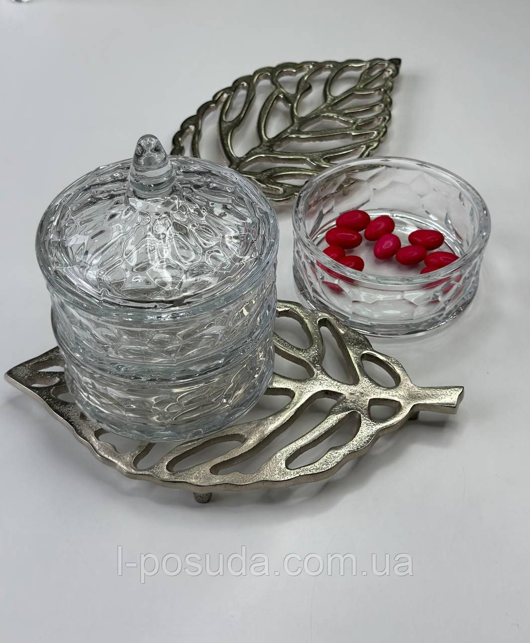 Скляна цукорниця-цукерниця з кришкою з рельєфним візерунком 3 яруси, фото 1