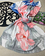 Женский весенний шарф-палантин из вискозы с ярким цветочным принтом 70*180 см Серо-розовый