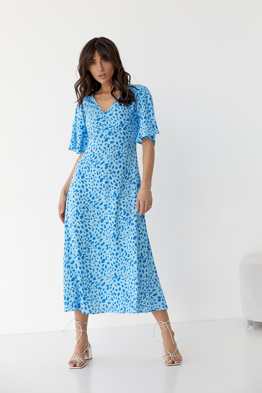 Плаття-міді з короткими розкльошеними рукавами — блакитний колір, S (є розміри)